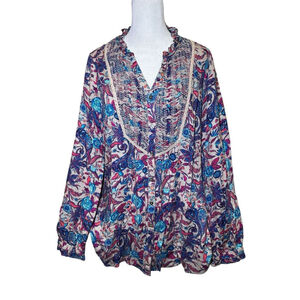 Vintage America Womens Multicolor Floral Button Front Blouse Top Medium Viscose